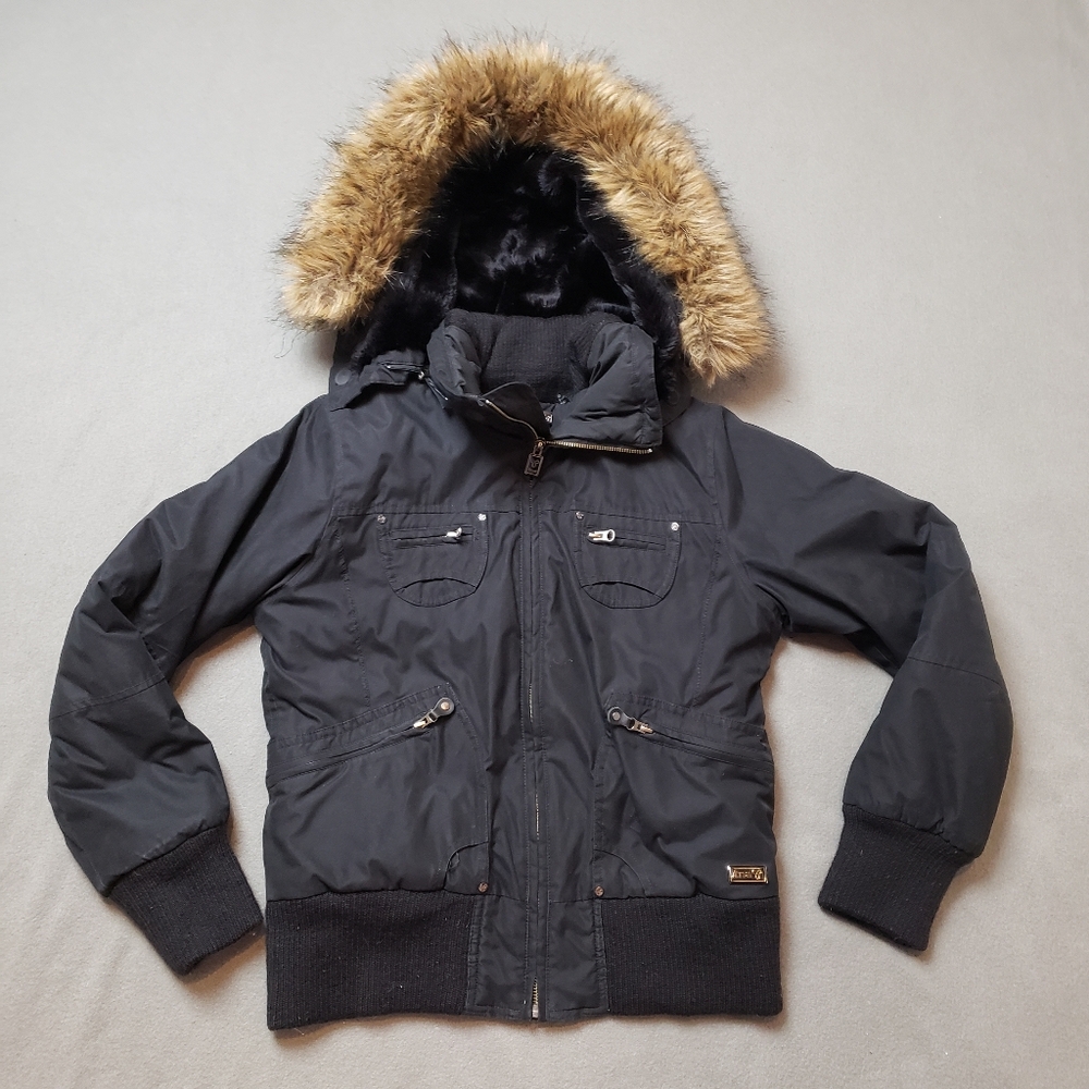 TNA Black Ski Jacket with Fur-Trimmed Hood